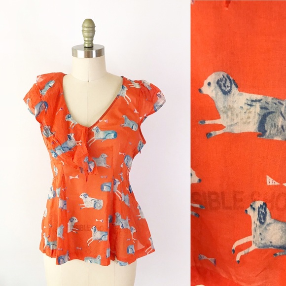 Anthropologie Tops - Anthropologie Dog Print Cotton Blouse Ruffle Cute